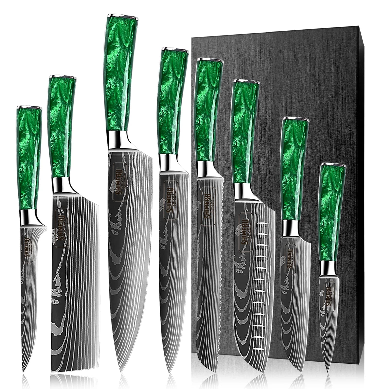 Kitakami 北上川 Damascus Pattern Stainless Steel Kitchen 8 Knife Set