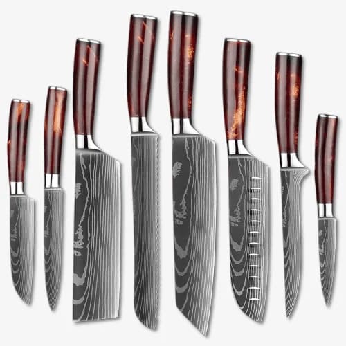 Asahi 朝日川 Damascus Pattern Stainless Steel Kitchen 8 Knife Set