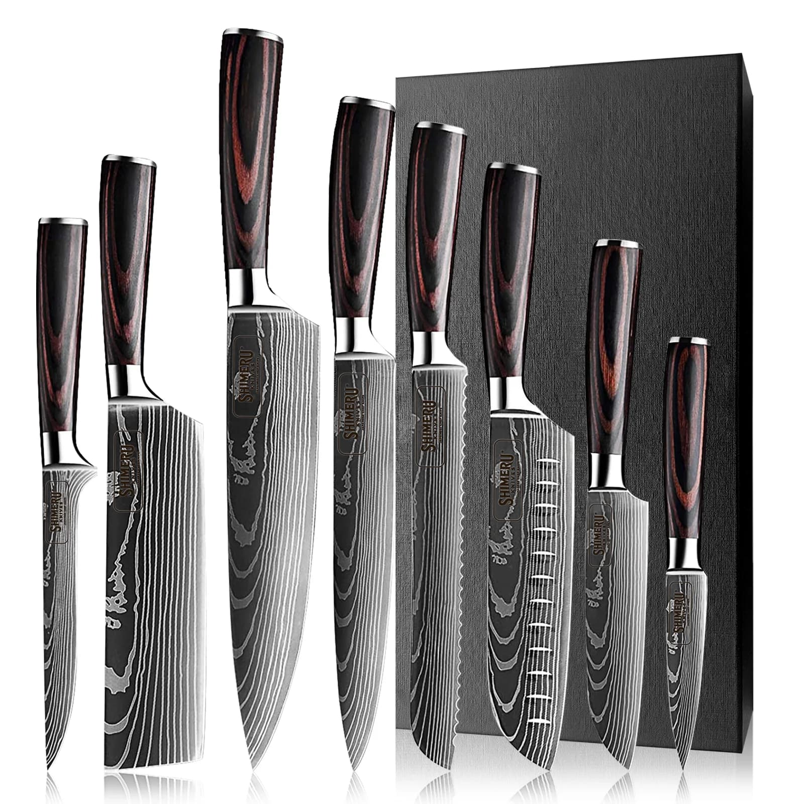 Asahi 朝日川 Damascus Pattern Stainless Steel Kitchen 8 Knife Set